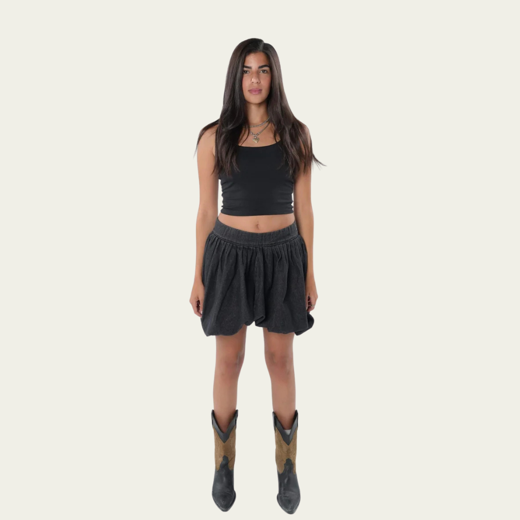 Denim Puffer Skirt - Black