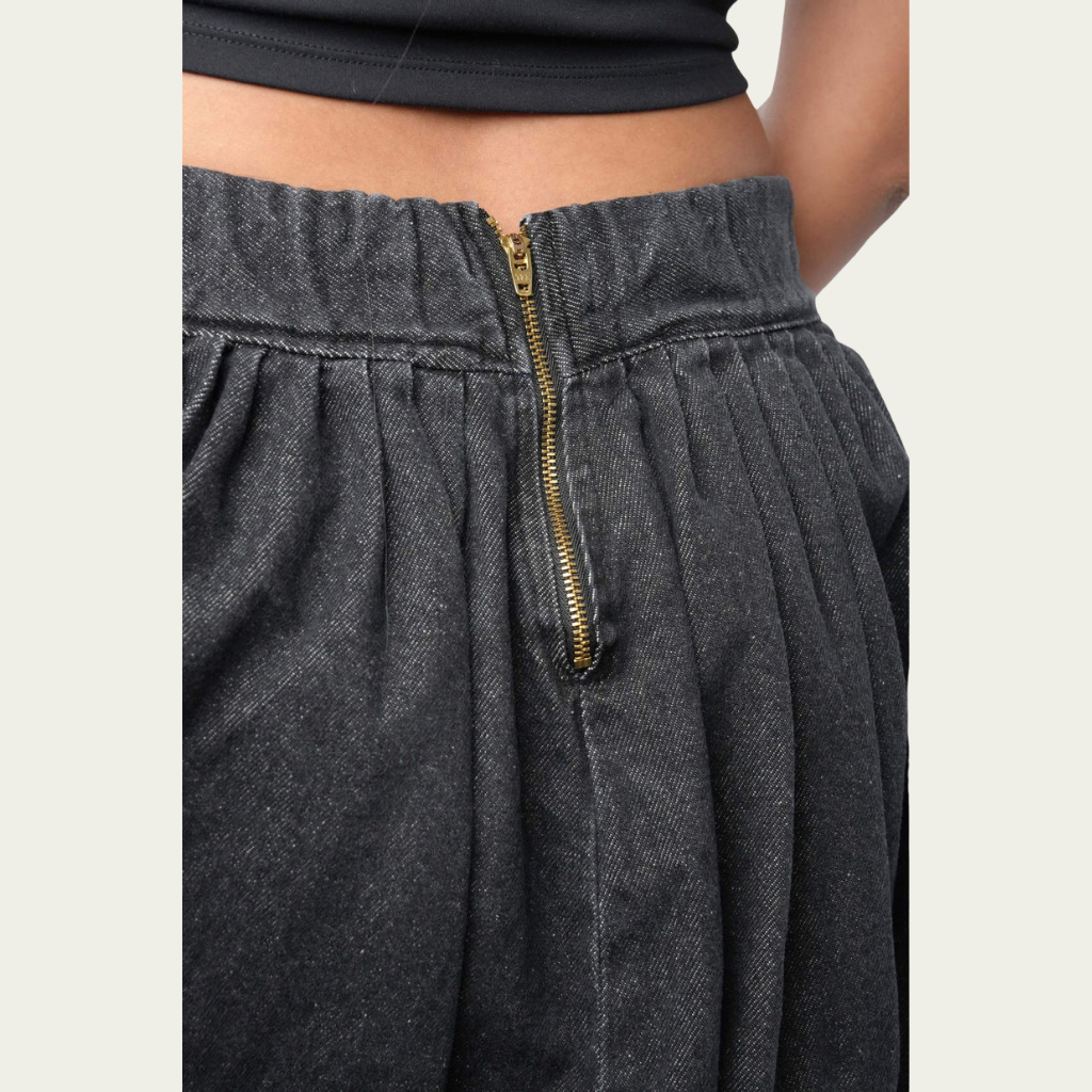 Denim Puffer Skirt - Black